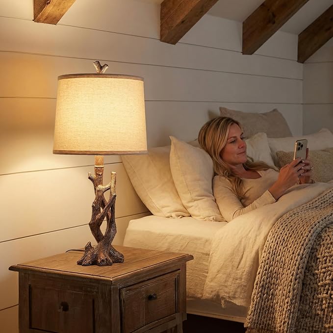 OYEARS 23" Rustic Farmhouse Table Lamp Country Cottage Lamps for Nightstand Tree Trunk Wood Grain Lamp for Bedroom Living Room with Oatmeal Fabric Round Shade Resin Bedside Lamp