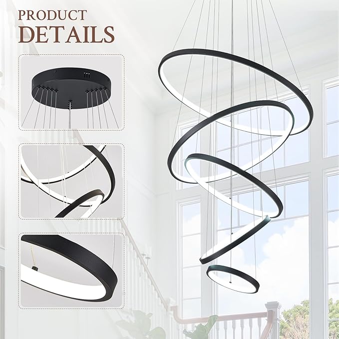 5 Ring Modern LED Chandelier Dimmable Black High Ceiling Chandeliers for Foyer, LED Contemporary Large Pendant Lighting with Remote Control Circular for Living Room Staircase, 3000K-6500K