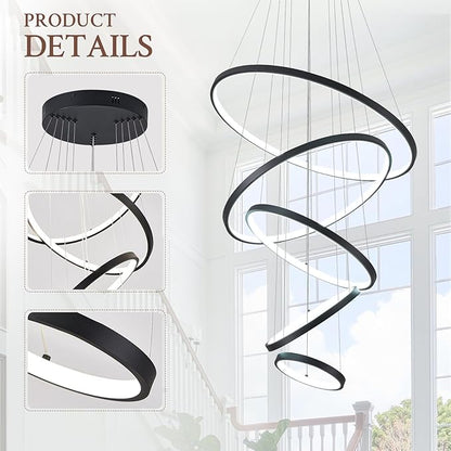 5 Ring Modern LED Chandelier Dimmable Black High Ceiling Chandeliers for Foyer, LED Contemporary Large Pendant Lighting with Remote Control Circular for Living Room Staircase, 3000K-6500K