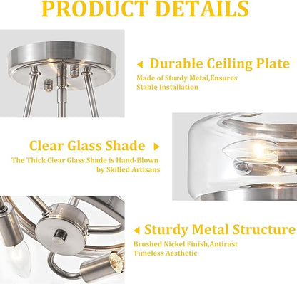 Brushed Nickel Modern Ceiling Lights 3-Light Hallway Light Fixtures Semi Flush Mount Kitchen Ceiling Lighting Drum Glass Entryway Chandelier for Bathroom Foyer Laundry Dining Room Bedroom