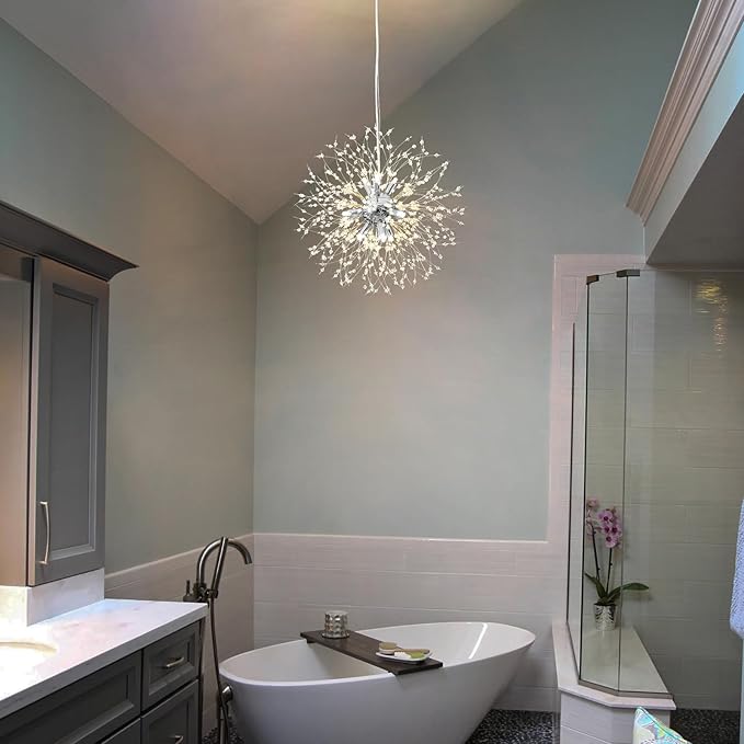 Modern Dandelion Firework Chandelier, Chrome Bathroom Chandelier, Crystal Hanging Pendant Lighting Fixture for Dining Room, Bedroom, Entryway, Foyer, 9-Light