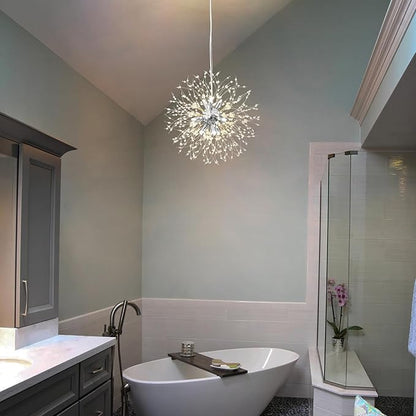 Modern Dandelion Firework Chandelier, Chrome Bathroom Chandelier, Crystal Hanging Pendant Lighting Fixture for Dining Room, Bedroom, Entryway, Foyer, 9-Light