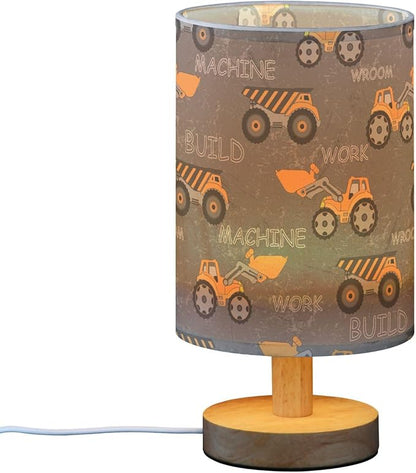 Table Lamp Construction Car Truck Excavator Nightstand Lamp with Wood Base Fabric Lamp Shade Bedside Desk Lamp for Living Room Bedroom Kids Room Office