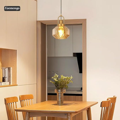 9in Mid Century Modern Amber Glass Pendant Light Fixture, Small Gold Kitchen Island Pendants Light Glass Ceiling Hanging Lamp for Foyer Dining Room Bedroom Entryway Hallway Over Sink