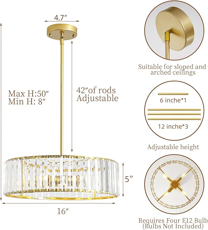 Modern Crystal Chandelier for Dining Room,16 Inch Gold Semi Flush Mount Ceiling Light Fixture,Round Kitchen Hanging Drum Pendant Lights Ceiling for Bedroom Foyer Hallway， 4-Light