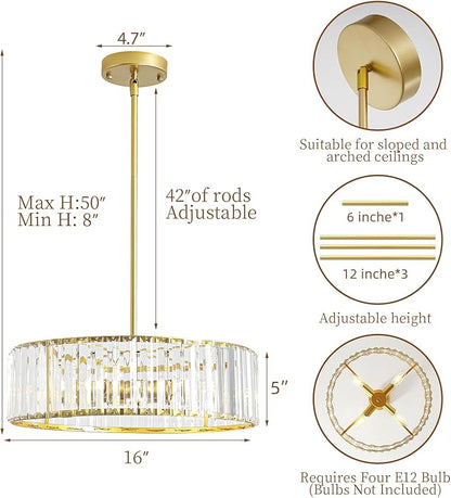 Modern Crystal Chandelier for Dining Room,16 Inch Gold Semi Flush Mount Ceiling Light Fixture,Round Kitchen Hanging Drum Pendant Lights Ceiling for Bedroom Foyer Hallway， 4-Light