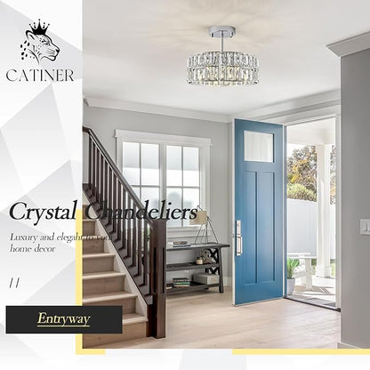 CATINER Chrome Crystal Chandeliers, Modern Semi Flush Mount Ceiling Light, Small 4-Ligh Round Crystal Hanging Pendant Light Fixtures,D12” for Dining Room Entryway Kitchen Hallway