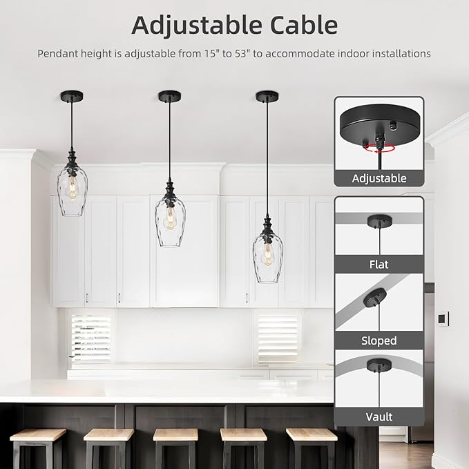 Glass Pendant Lights for Kitchen Island 2 Pack, E26 Modern Black Pendant Light Fixtures with Hand Blown Glass, Adjustable Farmhouse Hanging Light for Dining Room, Entryway & Over Sink Lighting