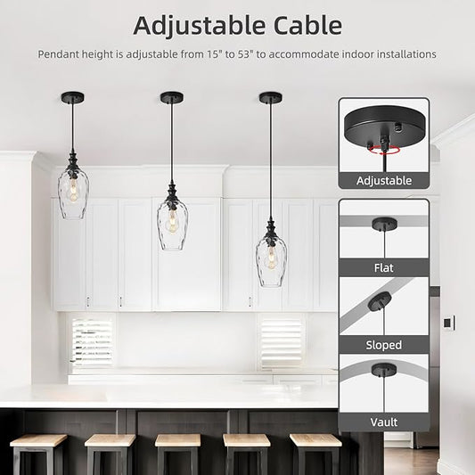 Glass Pendant Lights for Kitchen Island 2 Pack, E26 Modern Black Pendant Light Fixtures with Hand Blown Glass, Adjustable Farmhouse Hanging Light for Dining Room, Entryway & Over Sink Lighting