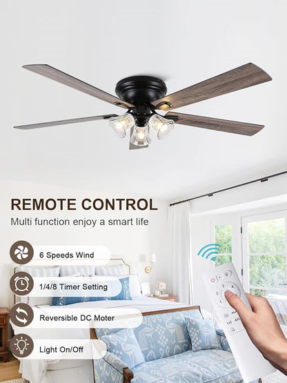 60" Flush Mount Vintage Ceiling Fan with Lights and Remote, Farmhouse Rustic Ceiling Fan Low Profile Antique Fandelier Chandelier for Bedroom Living Room, 3 E26 Lights (Bulbs Not Included)
