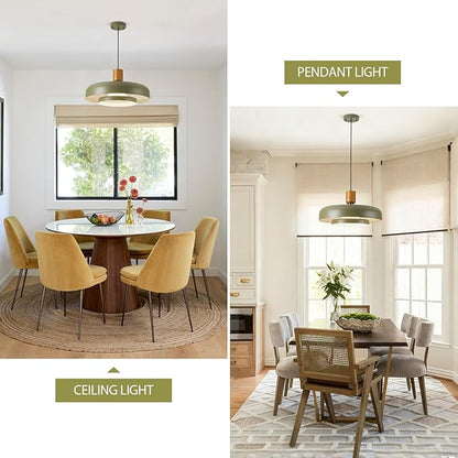 Mid Century Pendant Light 19.68" - Natural Wood Brass Accent, 2-Layer Deep Green Shade for Dining Room Kitchen
