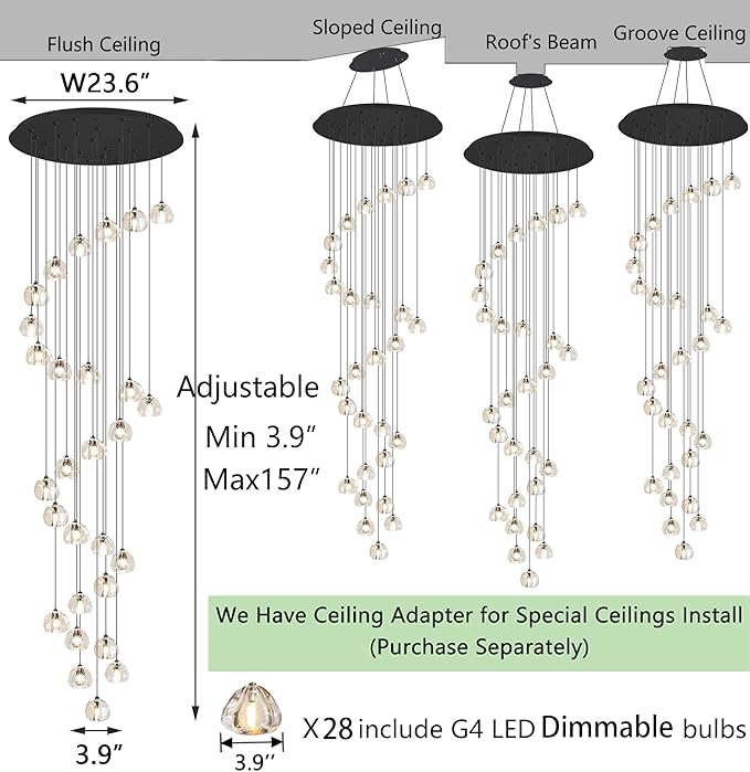 HAIXIANG 13ft Modern LED Chandeliers for Entryway Living Room Long Light High Ceiling Dining Room Light Dimmable Pendant Lighting Fixtures Chandelier for Foyer Staircase 2700K 6000K Lighting Black