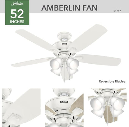 Hunter 52 inch Indoor Ceiling Fan with LED Lights - White Ceiling Fan with Pull Chain, For Bedroom or Living Room, Standard Mount, No Remote, 5 Blades, Includes Bulbs - Amberlin 53217, Fresh White