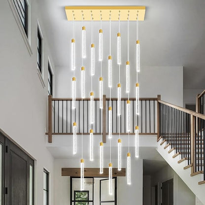 Modern Rectangular Crystal Chandeliers LED Dimmable Crystal Column Chandelier Living Room Foyer Crystals Pendant Light for Dining Room Adjustable Height 24-Light Gold