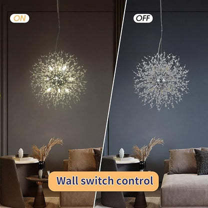 Modern Crystal Chandeliers Firework, 9-Light Chrome Dandelion Sputnik Ceiling Light Fixtures, Sputnik Chandelier Pendant Light for Bedroom Living Room Dining Room Kitchen Island Hallway