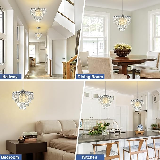 Mini Crystal Chandelier Small Modern Crystal Flush Mount Ceiling Light for Hallway Closet, E26 Base, K9 Crystal (Chrome-Pendant)