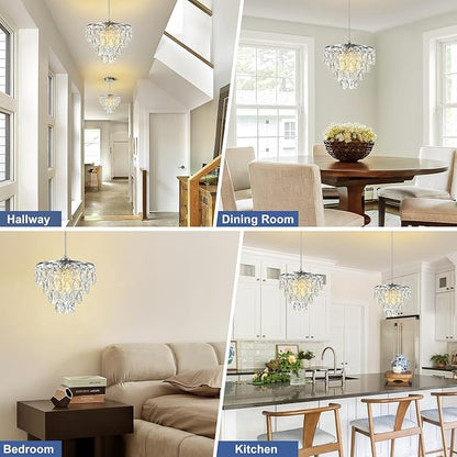 Mini Crystal Chandelier Small Modern Crystal Flush Mount Ceiling Light for Hallway Closet, E26 Base, K9 Crystal (Chrome-Pendant)