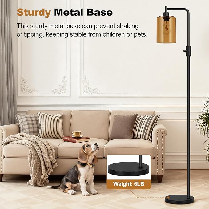 【Upgraded】Dimmable Floor Lamps for Living Room with Amber Glass Shade, Modern Industrial Floor Lamp with 900LM Bulb Included, Glass Standing Tall Lamp for Bedroom, Office, Reading Room, Corner, Black