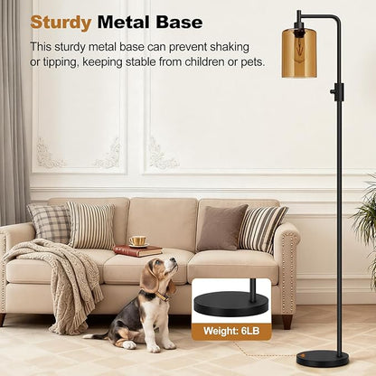 【Upgraded】Dimmable Floor Lamps for Living Room with Amber Glass Shade, Modern Industrial Floor Lamp with 900LM Bulb Included, Glass Standing Tall Lamp for Bedroom, Office, Reading Room, Corner, Black