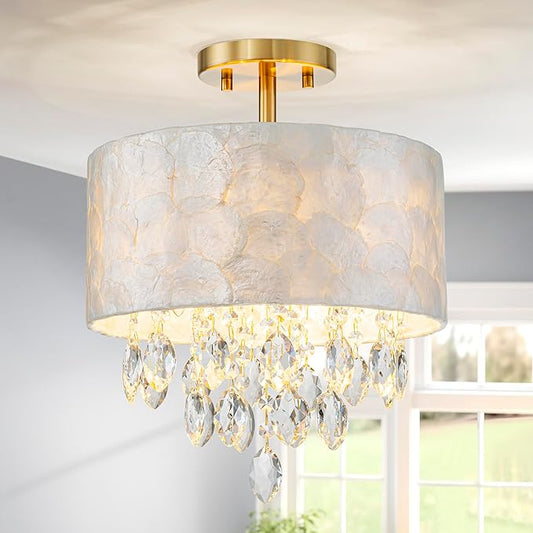 3-Light Capiz Shell Crystal Drum Ceiling Light, Coastal Style Close to Ceiling Light Fixture for Dining Room, Living Room & Bedroom, D12*H14 inch, Clear Crystal & Gold Finish