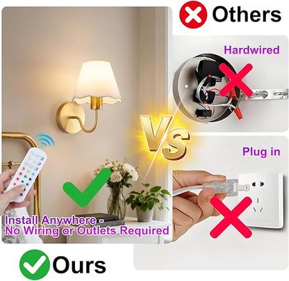 ADISUN Battery Operated Wall Sconce Set of 2, Gold Wall Lamps Rechargeable Bulbs for Living Room, White Rattan Shade, Wireless Wall Lights for Bedroom Living Room Hallway Kitchen(2 Bulbs Included)