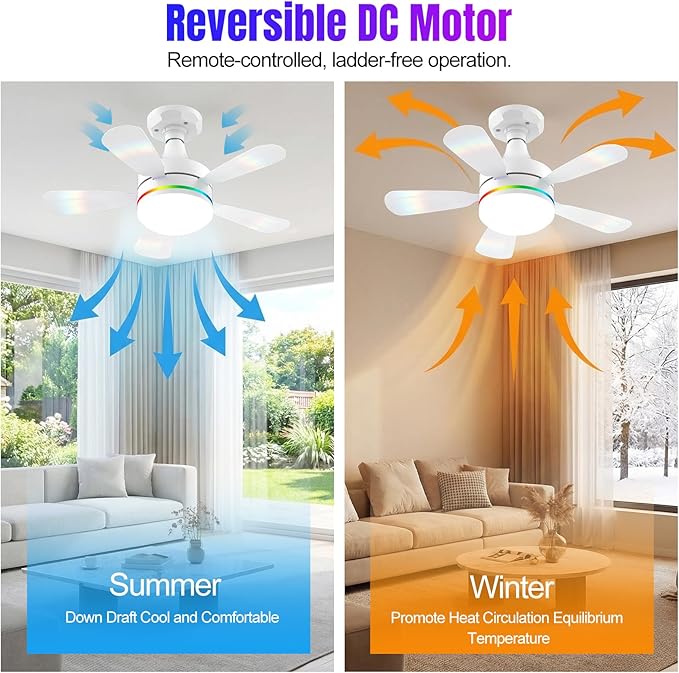 Modern Ceiling Fans with LED Lights, LED E26/E27 Screw Base Mini Light Socket Fan with Cord for Bedroom, Living Room, Kitchen, Balcony (RGB)