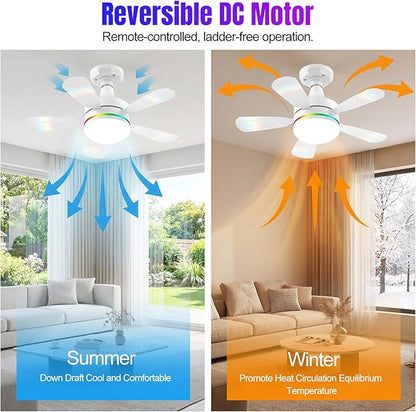 Modern Ceiling Fans with LED Lights, LED E26/E27 Screw Base Mini Light Socket Fan with Cord for Bedroom, Living Room, Kitchen, Balcony (RGB)