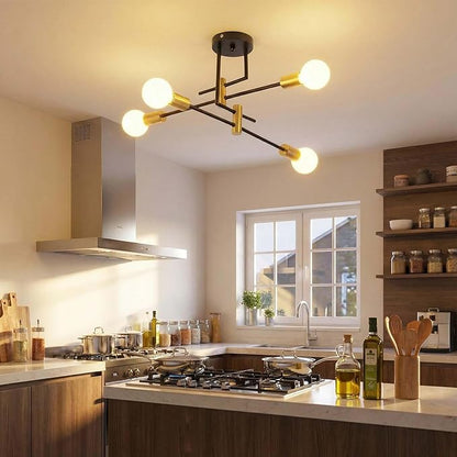 Modern Sputnik Chandelier 4-Light Adjustable Ceiling Light Fixture Semi Flush Mount Ceiling Lamp with E26 Base Industrial Ceiling Light for Dining Room Bedroom Living Room Black and Gold
