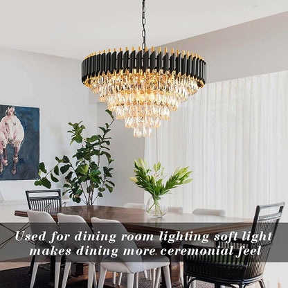 Modern Crystal Chandeliers for Dining Room 15-Light Black and Gold Chandelier Living Room Round 6 Tiers Contemporary Ceiling Hanging Light Pendant Light Fixture for Entryway Foyer Staircase W29”