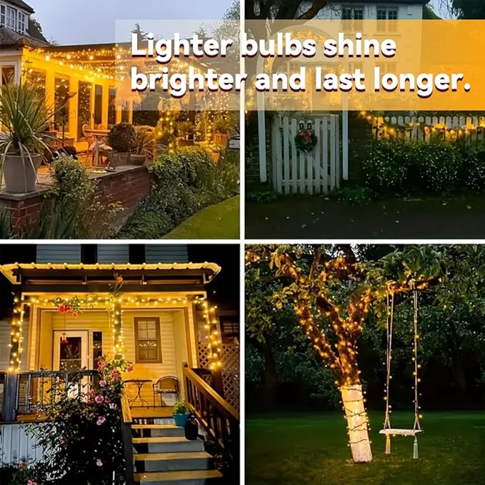 2 Pack Solar String Lights Outdoor, Total 100 LED Each 20Ft with 8 Lighting Modes for Yard, Fence,Balcony, Party,Christmas Tree Decorations (Warm White Light)