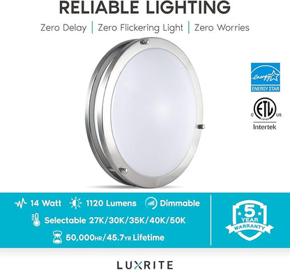 LUXRITE 12 Inch LED Flush Mount Ceiling Light, CCT Color Temperature Selectable 2700K | 3000K | 3500K | 4000K | 5000K, Dimmable Ceiling Light Fixture, 14W, 1120 Lumens, Energy Star, ETL Listed