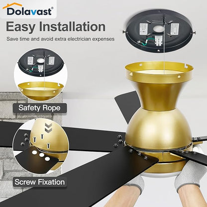 Ceiling Fans with Lights and Remote, 48 Inch Ceiling Fan with Light, Low Profile, Reversible, Dimmable LED, Flush Mount, Quiet, DC Motor, Gold Ceiling Fan for Bedroom, Kitchen, Dining Room