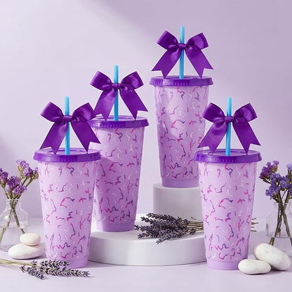 12 Sets Kpop Theme Party Supplies 24 oz Reusable Purple Lightning Crack Print Themed Party Plastic Cups and Purple Bows Bulk Kpop Theme Drinking Cups for Birthday Baby Shower Decoration