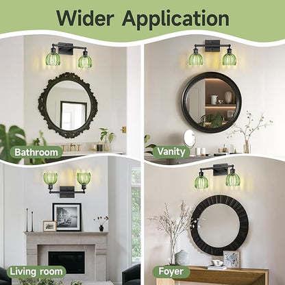 Bathroom Light Fixture,2-Light Vintage Bathroom Sconces Over Mirror, Black Fancy Vanity Lights, Flower Light Fixture with Green Tulip Glass Shade for Bedroom, Living Room, E26 Base