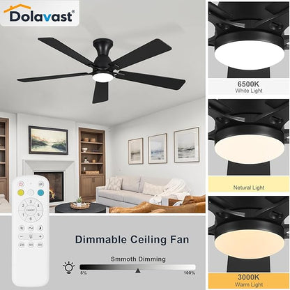 Ceiling Fans with Lights, 60 Inch Low Profile Ceiling Fan with Light and Remote Control, Flush Mount, Reversible, 3CCT, Dimmable LED, Quiet, Black Ceiling Fan for Bedroom, Living Room