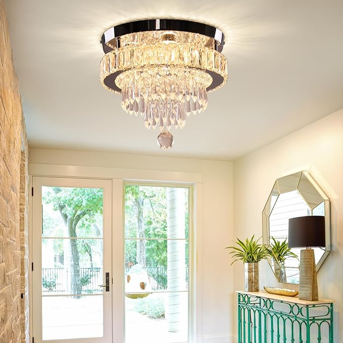 Finktonglan 11.8" Crystal Chandeliers, Modern Crystal Ceiling Light LED Small Chandeliers Semi Flush Mount Chandelier Room Light for Bedrooms Living Room Hallway (2700K Warm Light)