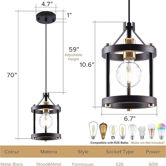 MO&OK Chandelier Set of 3 Vintage Pendant Light Fixture, Black Farmhouse Wooden Metal Chandeliers, Open Frame Hanging Lighting for Diningroom,Bar,Entrance Hall,Kitchen Island Living Room