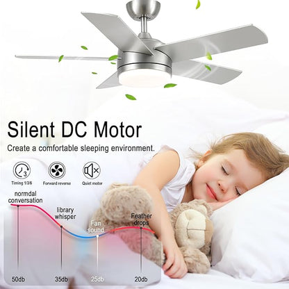 YUHAO 44 Inch Brushed Nickel Ceiling Fan with Light and Remote Control.Noiseless,Dimmable,3CCT,6 Speeds Reversible, DC Ceiling Fans for Indoor or Covered Outdoor Use.ETL Listed