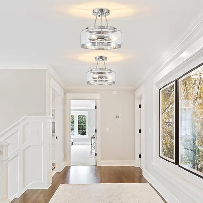 Brushed Nickel Modern Ceiling Lights 3-Light Hallway Light Fixtures Semi Flush Mount Kitchen Ceiling Lighting Drum Glass Entryway Chandelier for Bathroom Foyer Laundry Dining Room Bedroom