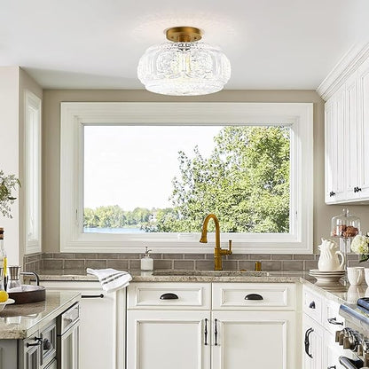 Semi Flush Mount Ceiling Light, Upgraded 12 inch Larger Gold Glass Ceiling Light Fixture, Vintage Lighting for Hallway Kitchen Bedroom Dining Room, Bulb Not Included