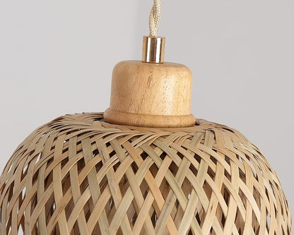 Bamboo Pendant Light Fixture One-Light Adjustable Boho Basket Handmade Woven Mini Pendant Lighting for Kitchen Island Sink Farmhouse Home