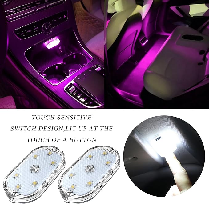 Wevdn 2 PCS Car LED Lights Interior Wireless, Magnetic Car Ambient Lighting with 6 Bright LED Lamp Beads, Portable USB Rechargeable Vehicle Interior Led Night Light for Car (Pink)