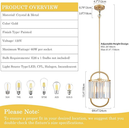 1-Light Modern Small Crystal Chandelier, Mini Gold Pendant Lighting 9.4" Crystal Lamp for Closet Bedroom Foyer Living Room Dining Room Bar