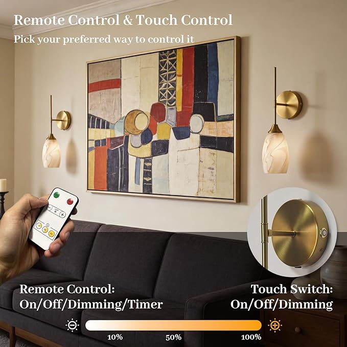 Alabaster Battery Operated Wall Sconces Set of 2, Gold Rechargeable Wireless Wall Sconces with Hand-Blown Glass, Remote Control, Magnetic Mount,Dimmable 3 colors for Bedroom Living Room Hallway