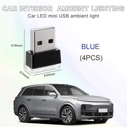 4 PCS USB LED Car Interior Atmosphere Lamp, Portable Mini LED Night Light, Plug-in USB Interface Trunk Ambient Lighting Kit, Universal Interior Car Accessories (Blue)