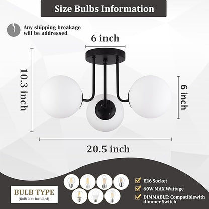 KoKo&Yukina 3-Light Semi Flush Mount Ceiling Light Globe Lights Mid Century Ceiling Light with Opal Milk Glass Globe & Matte Black for Bedroom Hallway Entryway Kitchen Living Room (Bulb Incl.)
