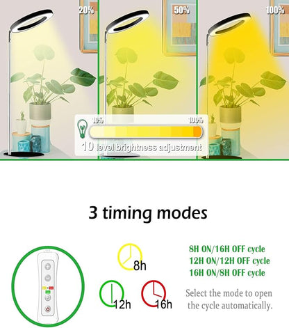Yadoker 72 LEDs Full Spectrum Plant Grow Light for Indoor Plants，Height Adjustable, 6.3" Aluminum Housing,Automatic Timer with 8/12/16 Hours,10-Level Brightness,Black Plant Light,1 Pack