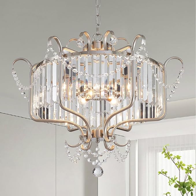 Modern Crystal Chandelier for Dining Room 24" Brushed Nickel Light Fixtures 6-Light Farmhouse Pendant Lighting for Kitchen Island Bedroom Hallway Entryway