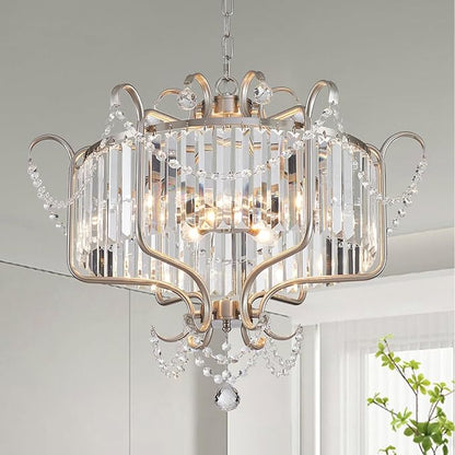 Modern Crystal Chandelier for Dining Room 24" Brushed Nickel Light Fixtures 6-Light Farmhouse Pendant Lighting for Kitchen Island Bedroom Hallway Entryway