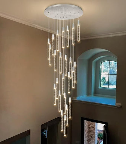 HAIXIANG W24 x H157 Glam Chandelier Bubble Crystal Ceiling Chandeliers Remote Dimmable LED Light High Ceiling Pendants Light Fixtures Adjustable Long Lights 24-Lights Silver Lamp
